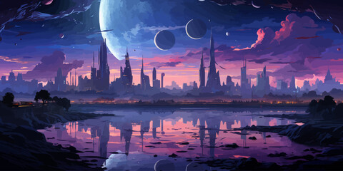 Futuristic sci-fi city, alone in a big city composition, neon lights and cyberpunk colors vector flat bright colors