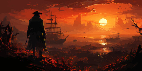 Wall Mural - pirate standing on treasure pile against ruined ships at sunset,illustration painting