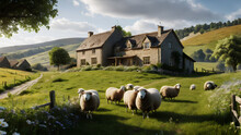 A Peaceful Countryside Scene, With Rolling Green Hills Dotted With Grazing Sheep And A Rustic Stone Farmhouse Nestled Among Fields Of Wildflowers