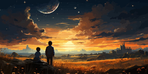 Wall Mural - brother and sister in a meadow looking at meteors in the sky, digital art style, illustration painting