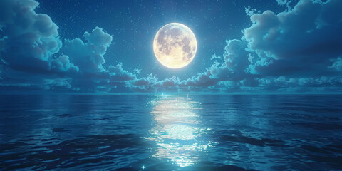 full moon on sea at night background, blue moon with clouds on ocean,banner