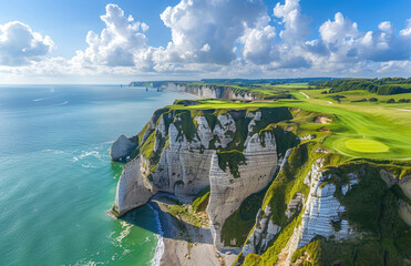 Wall Mural - A panoramic view of the lush green golf course nestled on white cliffs overlooking blue sea, with the iconic tall rock arches