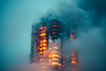 Wall Mural - A highrise building with flames and smoke highlighting the need for fire safety and emergency response protocols. Concept Fire Safety, Emergency Response, Highrise Building, Flames, Smoke