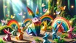 A detailed and focused image of a rainbow-colored origami bunny surrounded by other origami animals in a scene suggesting a magical forest.