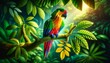 A vibrant origami parrot with a multitude of colors sitting on a mock tropical tree branch.