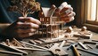 A close-up of hands constructing a miniature model of the treehouse, with the focus on the detailed craftsmanship.