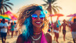 Photo real for A vibrant beach party with live music and dancing in Summer event theme ,Full depth of field, clean bright tone, high quality ,include copy space, No noise, creative idea