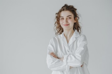 Wall Mural - smiling and happy women college professors, dressed in grey and white coats, standing as scientists and doctors, isolated on a crisp white background.