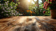 Wooden Table with Blurred Spring Garden Backdrop Ideal Space for Product Display and Design