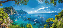 Panoramic View Of The Sea With Some Boats And Lush Greenery On Capri Island In Italy, Blue Sky With Clouds