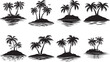 Silhouetted tropical islands with palm trees, birds in flight, with varying shapes and sizes representing a tranquil escape