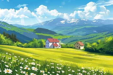 Wall Mural - Idyllic springtime landscape with lush green fields, charming country house and majestic mountains, vector illustration