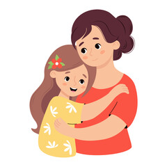 Wall Mural - Cute Mom tenderly hugs her daughter. Vector illustration