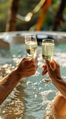 couple relaxing in jacuzzi tub, toasting with champagne glasses, celebrating honeymoon in luxury