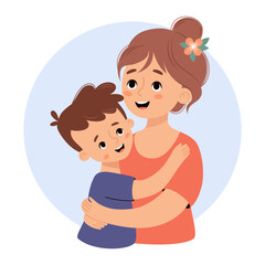 Wall Mural - Cute mother hugs her son boy. Vector illustration . Happy character family