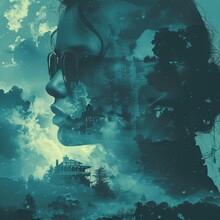 Silhouette Of A Woman With Architectural And Cloud Imagery. Double Exposure Portrait For Urban Exploration And Dream Concept