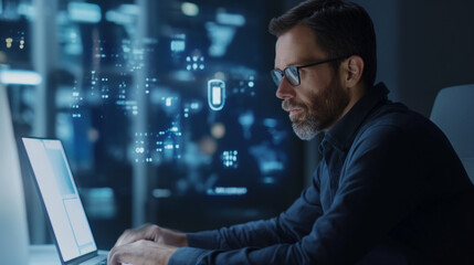 Professional Man Working on Laptop with Cybersecurity Interface in the Background