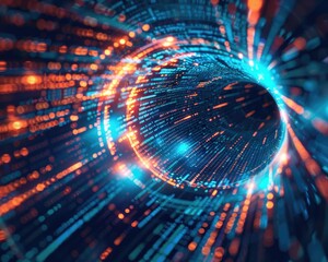 Dynamic swirl of coding languages and AI scripts, blending into a vortex of digital information and innovation , 3D illustration