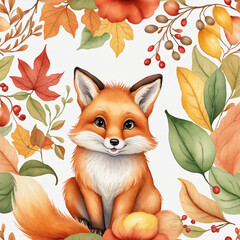Poster - watercolor autumn fox colorful background