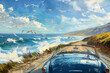 Oil painting of a classic car driving by the sea with flying seagulls in a clear sky