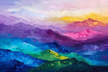 Wall Mural - Mountain landscape in rainbow colors, abstract oil painting illustration