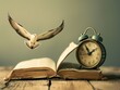 Vintage alarm clock ringing beside an algebra book, albatross soaring in the background
