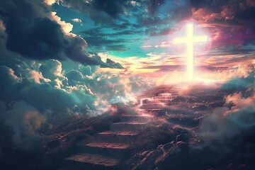 Wall Mural - Stairway to heaven leading to glowing cross, spiritual journey to salvation and enlightenment, digital illustration