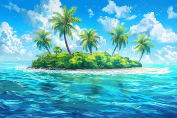 Poster - Tropical paradise islands with lush palm trees in vibrant turquoise ocean, idyllic summer travel destination, digital illustration