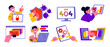 © Limpreom - Stickers online office workers at computers. Page interface, technology, error 404, operating system, equipment setup, websites, cybersecurity, . Vector cartoon mascots in retro style.