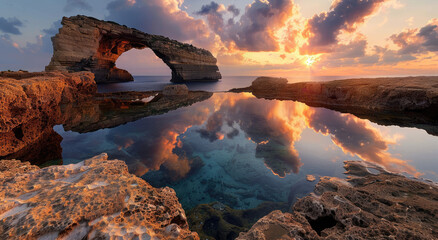 Wall Mural - Photo of the natural arch in Malta, near Gozo Island at sunset. The arch is blue with rock formations and a water pool below it. The arch is at sea level, with a view from top to bottom