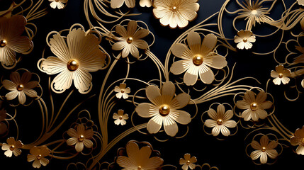 Poster - Horizontal Luxury Image of Elegant Gold Pattern on Black Background in Japanese Style