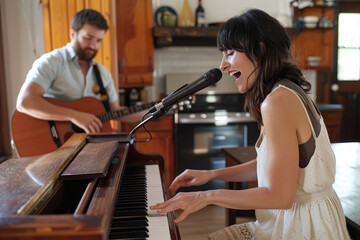 Canvas Print - a woman playing piano and white man with guitar in the background