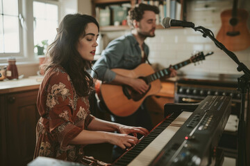 Wall Mural - a woman playing piano and white man with guitar in the background