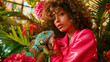 A beautiful woman with curly hair wearing an oversized baggy neon pink leather jacket, holding colorful iguana pet in the middle of giant flowers and green plants. Spring or summer animal concept.