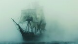 A ghost ship sailing on a sea of mist, its sails tattered but proud