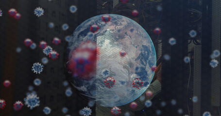 Sticker - Image of virus cells and globe over caucasian male worker in server room