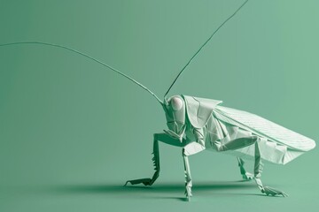 KS Photo of an origami Grasshopper on pastel green backgr.