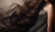 © Surachetsh - Portrait of elegant stylish young woman with long dark curly healthy shiny hair and makeup on grey banner background. Generative AI.