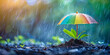rainbow umbrella in the rain with lightning on blurred background, Rain On Umbrella, empty space for text, banner	
