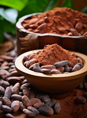 Wall Mural - Cocoa powder and cocoa beans on the wooden table