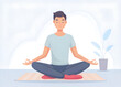 © MihaForPeace - Young man with closed eyes sitting cross legged on floor and meditating. Meditation, relaxation yoga practice