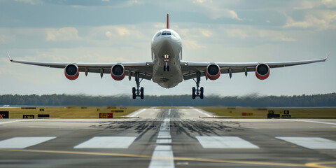 Commercial airliner taking off with landing gear down on airport runway during departure