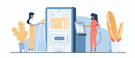 Two women are standing in front of a vending machine