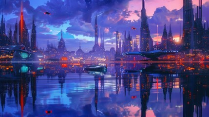 Poster - Futuristic City at Night, outdoors