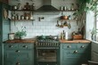 A green kitchen with white tiles on the wall