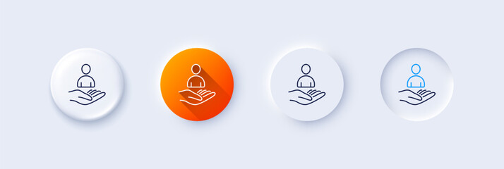 Wall Mural - Recruitment line icon. Neumorphic, Orange gradient, 3d pin buttons. Business management sign. Employee or human resources symbol. Line icons. Neumorphic buttons with outline signs. Vector