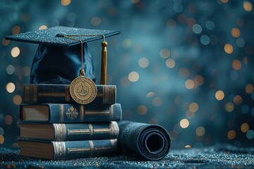 a close-up of a graduation cap on top of a stack of books