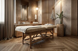 Fototapeta Nowy Jork - a wooden massage table in a massage room  towels, sink and mirror, soft, light brown and gray, 3D illustration scene, spa