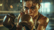 Engage with the intensity of a close-up boxer, her focused eyes concealed by black gloves, revealing beads of sweat and unwavering determination.