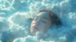 young asian woman sleeping on the clouds. colours light blue and white, generative ai